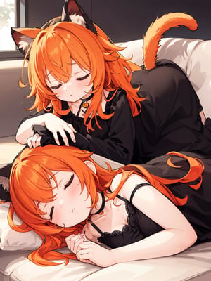 masterpiece, top quality, 1 girl, orange hair, frizzy hair, big eyes, cat ears and tail, black and orange dress, sleepy, rubbing eyes, lying on couch, high definition, choker,best quality