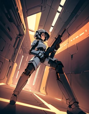Masterpiece, top quality, high definition, artistic composition, 1 woman, Star Wars style, inside spaceship, futuristic passage, female soldier, gun in hand, action pose, bold composition, Dutch angle, dim, high contrast, perspective, dramatic, droid
