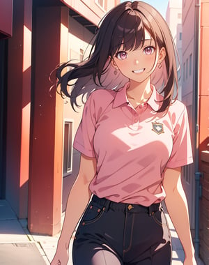 (masterpiece, top quality), high definition, artistic composition, 1 girl, dark hair, light pink polo shirt, from front, walking, blunt bangs, squinting and smiling, tilting head, girlish gesture, young lady, walk, portrait