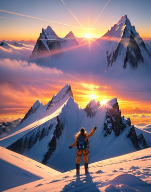 Masterpiece, Top Quality, High Definition, Artistic Composition,1 Woman, mountaineering outfit, summit, standing on top of Mount Everest with arms and legs outstretched, from behind, backlight, golden sunrise light, high contrast, magnificent nature, dramatic, looking away