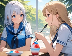 (masterpiece, top quality), high definition, artistic composition, two girls, open cafe, sitting opposite each other, shaved ice, spoon in hand, talking, looking away, sailor suit, school uniform, summer dress, crossing legs, feminine gesture, side view, portrait, summer, hot, excited