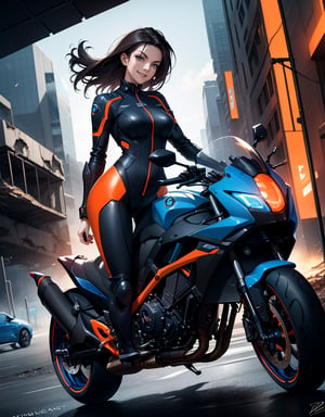 (masterpiece, top quality), high definition, artistic composition, 1 woman, dark hair, smiling, driving a large motorcycle, blue rider suit, black and orange motorcycle, futuristic, front view, dynamic, fast moving feeling, dilapidated city, crumbling buildings, bold composition, Dutch angle, science fiction, motion blur, perspective