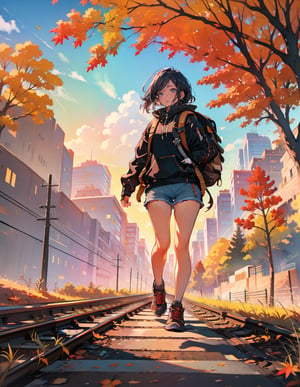 (masterpiece, top quality), high definition, artistic composition, one girl, jersey, shorts, trekking shoes, backpack on her back, walking on railroad tracks, hill, uphill, from front, long stretch of tracks, beautiful nature, cityscape in distance, autumn, bold composition