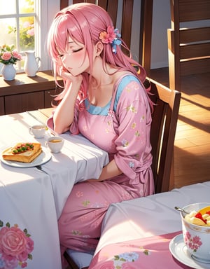 Masterpiece, Top Quality, High Definition, Artistic Composition, One mother, pink floral apron, light blue loungewear, sitting in chair, sleeping with eyes closed, tired, breakfast ready on table, dining room, warm sunlight, morning, from side, portrait