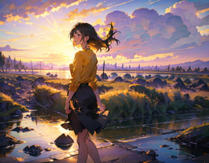 Masterpiece, Top quality, High definition, Artistic composition, 1 girl, from side, walking, hands behind back, looking away, lonely smile, mouth open, talking, dusk, riverbed, yellow-green shirt, purple skirt, striking light, portrait, looking away, looking up to heaven,breakdomain