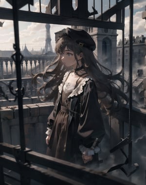 Masterpiece, Top quality, High definition, Artistic composition,1 girl, city girl, standing, stunned, looking away, dirty clothes, Parisians storm the Bastille jail, 1789, Bastille jail is destroyed, dramatic, bold composition, dramatic