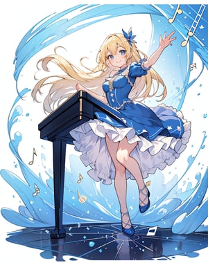 Masterpiece, Top Quality, High Definition, Artistic Composition,1 girl, blue dress, blond hair, smiling, frolicking, one leg raised, bouncing on huge piano keys, image of many large musical notes on white background, image, unreasonable, fairy tale, pastel tones, wide shot
