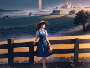 masterpiece, top quality, high definition, artistic composition, 1 girl, work clothes, denim apron, straw hat, driving red tractor, farmstead, morning, morning mist, backlight, dramatic, striking, sleepy, southern beauty, tower silo, pasture, wide shot, landscape, southern USA, chance encounter