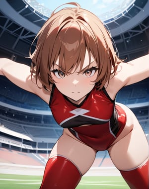 Masterpiece, Top Quality, High Definition, Artistic Composition,1 girl, short hair, red wrestling costume, bent over in a fighting pose, thick eyebrows, serious face, stadium, front view, powerful, hands held out in front