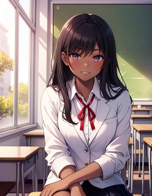 (masterpiece, top quality), high definition, artistic composition, 1 girl, classroom, seated, elbows on desk, smiling, black hair, long hair - dark eyes, dark skin, portrait, white blazer, school uniform, red ribbon, from front, exotic, head tilted