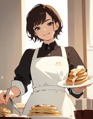 (masterpiece, top quality), high definition, artistic composition, 1 woman, offering plate with pancakes on it, close-up of pancakes, smug face, short hair, boyish, tanned skin, smiling, dining, cute apron, portrait, bold composition, from below