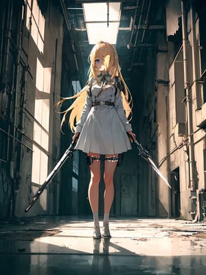 masterpiece, top quality, 1 girl, white battle dress, blonde hair, blue eyes, holding weapon, inside huge dilapidated factory , dark, orange lighting, on one knee, composition from below, nothing on floor, water on floor, high definition, photo-like background, science fiction