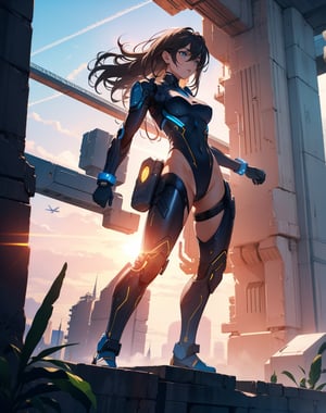  (masterpiece, top quality), high definition, artistic composition, 1 woman, leotard-like fighting outfit, android-like parts, sci-fi, fighting pose, standing on side of huge structure, An aerial view