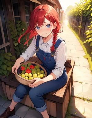 (masterpiece, top quality), high definition, artistic composition, 1 woman, vineyard, stooping, overalls, apron, woven basket, red hair, braids, blue eyes, smile, striking light, freckles, dramatic