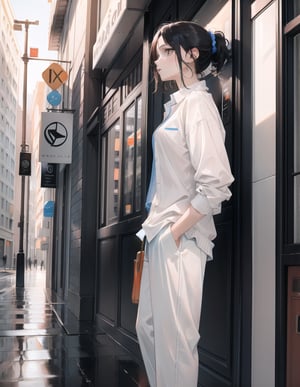 (Masterpiece, Top Quality), High Definition, Artistic Composition, 1 Woman, White Shirt, Blue Wide Pants, Orange Cardigan, Black and White Street Scene, Casual Fashion, Portrait, From Side