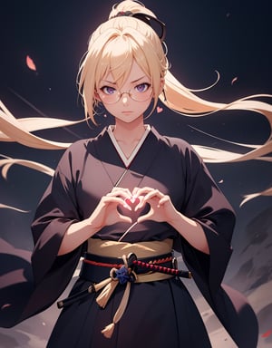 (Masterpiece, Top Quality), High Definition, Artistic Composition, 1 Girl, Animation, Blonde Hair, Inverted Ponytail , Samurai, Indigo Dyed Kimono, Japanese Sword, Serious Face, Glasses, Make a Heart with Own Hands, Crowded, Night Street, Impressive Light, High Contrast, Heart Mark