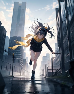 (masterpiece, top quality), high definition, artistic composition, 1 girl, leaning forward, running, action pose, long yellow scarf blowing in the wind, hair tied on head, skyscraper city, ruins, broken road, cloudy, dark, dramatic, smoking