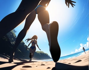 Masterpiece, Top Quality, High Definition, Artistic Composition,3 girl, cute swimsuit, running on beach toward ocean, ocean, sandy beach, from behind, from below, backlit, blue sky, frolicking, bold composition, dirt bouncing underfoot, wide shot, lively, high contrast