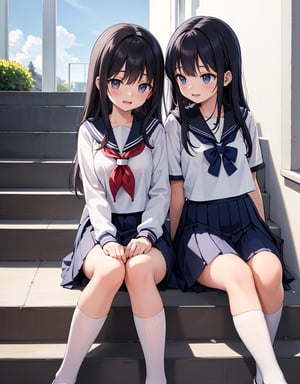 Masterpiece, Top Quality, High Definition, Artistic Composition, 2 Girls, High School Student, Sailor Uniform, School Uniform, Summer Uniform, Japanese School, In School Building, Sitting On Stairs, Smiling, Conversing, Excited, Looking Up, Looking Down, Composition From Below, Bold Composition, Portrait, Feminine Gesture, Out of Line, Wide Shot