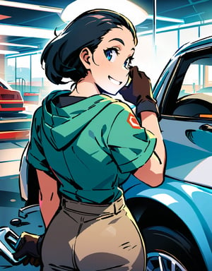 (masterpiece, top quality), high definition, artistic composition, 1 woman, dirty work clothes, gloves, holding wrench, working on car, mechanic, smiling, hood of car open, back, looking back at me, wiping forehead with back of hand, auto body shop