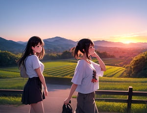 (masterpiece, top quality), high definition, artistic composition, 3 girls, casual fashion, sunset, backlighting, Japanese countryside, walking, beautiful nature, talking, excited, exaggerated gestures, girlish gestures, portrait, film style, striking light, looking happy, from the side, looking away, Summer, T-shirt, Clothes