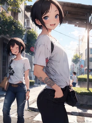 masterpiece, best quality, 1 girl, boyish, short hair, white t-shirt, black jeans, eyes closed laughing, backlit, park, high definition, walking, hands in pockets, feeling good, side angle, wind blowing, stooping,best quality,breakdomain
