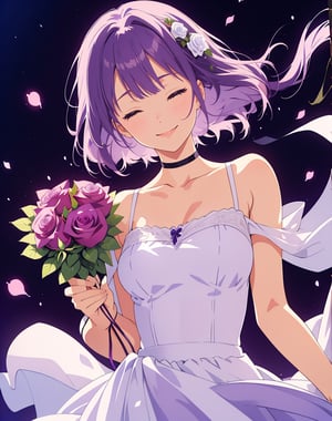 (masterpiece, top quality), high definition, artistic composition, 1 girl, Eyes closed, prone, smiling, holding rose bouquet in front of body with both hands, standing, purple hair, tight white dress, shoulder straps, black background, spotlight from above, from front, watercolor, calm, clean, cowboy shot