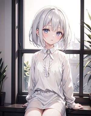 Masterpiece, Top Quality, High Definition, Artistic Composition, One girl, silver hair, white skin, pale eyes, blank expression, sitting by window, backlight, bust shot, beige cotton shirt, striking light, front composition, calm, quiet, late afternoon, short hair, blackout curtains,photograph