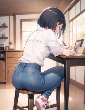 Masterpiece, Top Quality, High Definition, Artistic Composition,1 girl, short hair, drawing manga at study desk, back view, Japanese house, jeans, trainers, watercolor style, pastel tones, from behind, looking away, back, sitting on wooden chair