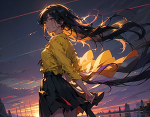 Masterpiece, Top quality, High definition, Artistic composition, 1 girl, from side, walking, hands behind back, looking away, lonely smile, mouth open, talking, dusk, riverbed, yellow-green shirt, purple skirt, striking light, portrait, looking away, looking up to heaven