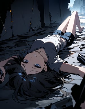 (masterpiece, top quality), high definition, artistic composition, 1 girl, 15 years old, smirking, (holding a pistol), darkness, in ruins, plain t-shirt, shorts, lying on her back on the ground, danger, crisis, suspense