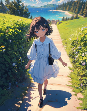 (Masterpiece, Top Quality), High Definition, Artistic Composition, 1 girl, 10 years old, sisters, looking up, smiling, from above, walking, talking, holding hands, portrait, morning