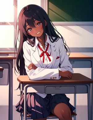 (masterpiece, top quality), high definition, artistic composition, 1 girl, classroom, seated,  smiling shyly, black hair, long hair, dark eyes, dark skin, portrait, white blazer, school uniform, red ribbon, from front, exotic, head tilted, reached fowerd