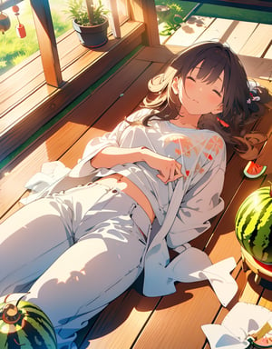 (Masterpiece, Top Quality), High Definition, Artistic Composition, 1 girl, lying on floor with eyes closed, from above, white t-shirt, easy pants to knees, Japan, porch, fan, summer, wind chimes, portrait, watermelon on plate, Dutch angle, sleepy