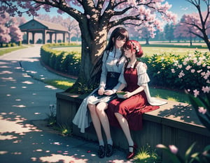 Masterpiece, top quality, high quality, artistic composition, large cherry tree, multiple women fussing under tree, 1 girl in foreground,<lora:659111690174031528:1.0>
