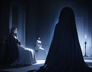 (masterpiece, top quality), high definition, artistic composition, 3 women, talking, scared, dark room, darkness, one candle, sitting, small room, ghost story,