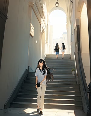 (masterpiece, top quality), high definition, artistic composition, 1 girl, long black hair, college campus, white shirt, beige pants, descending stairs, talking, looking away, smiling, second bag, papers under arm, bright sunlight, large stairs,