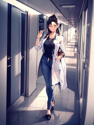 Masterpiece, top quality,khange, 1 woman, smiling, doctor, lab coat, glasses, jeans, walking, passing by, hand raised in response, bright atmosphere, hospital hallway, high definition, wide shot, portrait, graceful, from front, mature