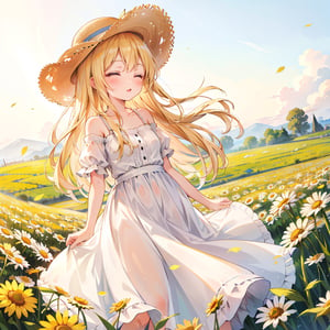 Masterpiece, top quality, high definition, artistic composition, 1 girl, chamomile field, white dress, straw hat, squinting and smiling, from below, looking away, straw hat held down by hand, spinning, bold composition, beautiful light