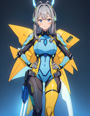 Masterpiece, Top Quality, High Definition, Artistic Composition, 1 girl, standing, one hand on hip, model pose, smiling, blue science fiction movie pilot suit, blue base color, yellow-green assorted colors, orange accent color, all gray background, Japanese anime style, headset with blade antennae, android-like armored parts,