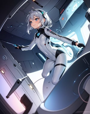 Masterpiece, Top Quality, High Definition, Artistic Composition,1 girl, silver pilot suit, on small saucer shaped UFO, smiling, looking away, retro-futuristic, cartoon, flying, from below, backlit, wide shot,