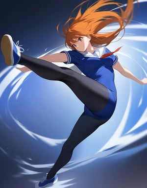 (masterpiece, top quality), high definition, artistic composition, 1 girl, spinning kick, action pose, twisting body, brave, hair dancing in wind, sailor uniform, school uniform, big catsuit, lively, dark background, blurred background, black pantyhose, blue sneakers, kick