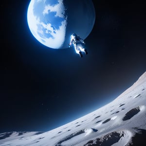 Masterpiece, top quality, high definition, artistic composition,1 girl, space suit, jumping on the moon, blue earth in the background, photo, striking light, artistic composition, dark space, crater