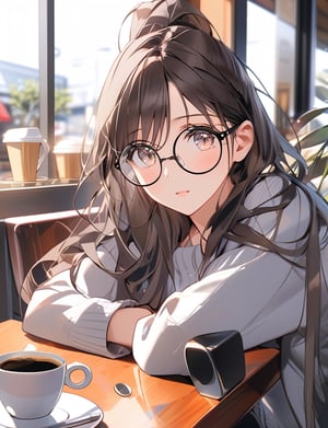 Masterpiece, top quality, 1 girl, round glasses, dark rimmed glasses, close-up of face, long shaggy hair, coffee shop, cheek rests on table, cup of coffee, Japan, plain clothes, window seat, high definition