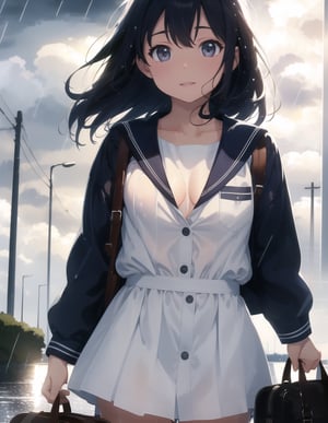 Masterpiece, Top Quality, High Definition, Artistic Composition,1 girl, sailor outfit, summer dress, schoolbag, wet from rain, hand on chest, blush, from front, cowboy shot, shedding tears, happy, short hair, dramatic, cloudy sky, lit by light,breakdomain
