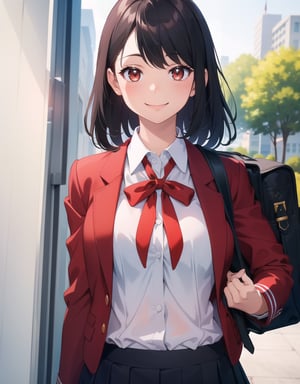 (Masterpiece, Top Quality), High Definition, Artistic Composition, 1 girl, red blazer, white shirt, black ribbon, green checked skirt, school uniform, school uniform, smiling, from front, holding school bag with both hands, smiling with narrowed eyes, schoolbag, schoolbag, portrait, spinning