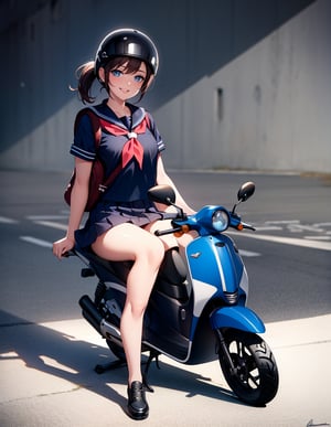 (masterpiece, top quality), high definition, artistic composition, 1 girl, riding scooter, sports helmet, abandoned town, sailor suit, backpack, smiling, bold composition, dramatic, striking light