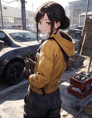 (masterpiece, top quality), high definition, artistic composition, 1 woman, dirty work clothes, gloves, holding wrench, working on car, mechanic, smiling, hood of car open, back, looking back at me, wiping forehead with back of hand, auto body shop