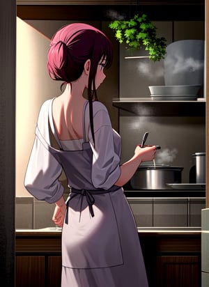 Masterpiece, top quality, 1 girl, back view, kitchen, kitchen, cooking, standing, morning, beautiful light, high definition, sober clothes, apron, domestic, bright, country, steam,<lora:659111690174031528:1.0>