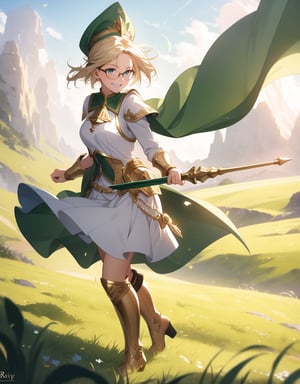 Masterpiece, Top Quality, High Definition, Artistic Composition,1 girl, green sailor-like battle dress, holding stylish spear, wind blowing, green meadow, short blond hair, gold-rimmed round glasses, warrior, fantasy, white and gold boots, bold composition, smiling,photograph